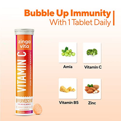Zingavita Women Vitamin C 1000mg + Zinc Effervescent Tablets (20 Fizz Tab) Amla Extract for Strong Immunity & Acne Free Skin, Orange, 1 Daily