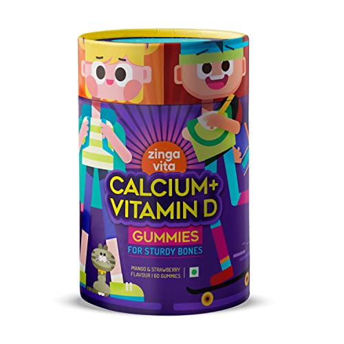 Zingavita Calcium Vitamin D Gummies for Kids | Ideal Nutrition for Milk Hater Kids | Mango and Strawberry Flavour | 60 Gummies