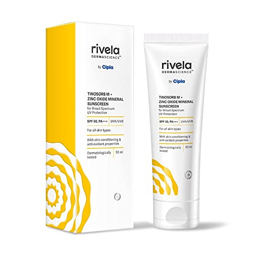 Rivela Dermascience By Cipla SPF 50, PA+++ Mineral Sunscreen Lotion With Tinosorb M, No White Cast, UVA/UVB Protection For Normal to Dry Skin, 50ml