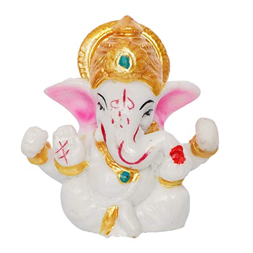 White Polyresin Lord Ganesha Idol with Golden Mukut Religious Showpiece for Home Decor, Pooja Room, Temple