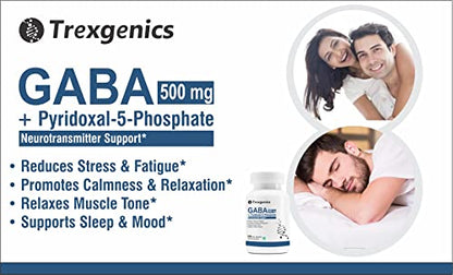 Trexgenics GABA (Gamma aminobutyric aicd) 500mg, Pyridoxal 5 Phosphate 1 mg, Neurotransmitter, Stress, Sleep Support (60 Veg Capsules)
