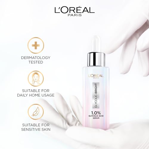 L'Oreal Paris Instant Glowing Serum, 1% Glycolic Acid, 2% Niacinamide, Reveals Even Skin Tone, Glycolic Bright Skin, 30ml