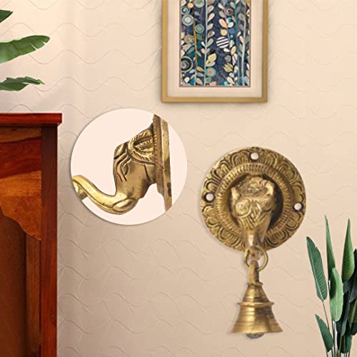 The Advitya Elephant Trunk-Shaped Brass Door Hanging Bell | Antique Finish Ganesh Ghanti | Elephant Face Temple Bell | 3.3 X 3.3 Inch