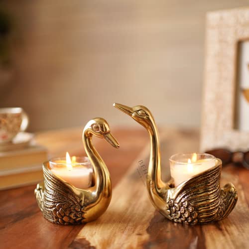 BEHOMA Metal Pair of Swans for Good Luck and Love | Candle Holder for Home Decor (Candles/Plants etc not Included)