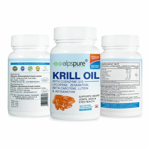 Alpspure Nutra Krill Oil 1000 mg Softgel Capsules | Krill Oil supplement Supports Heart, Joints, Skin & Eyes health (pack of 1)