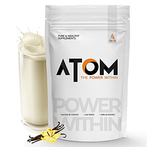 AS-IT-IS ATOM Whey Protein 1kg with Digestive Enzymes | French Vanilla flavor | 27g protein | 5.7g BCAA