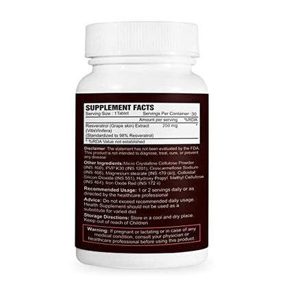 Alpspure Nutra Resveratrol 98% (Grape Skin Extract), 30 Tablets |Supports Heart Health and Weight Ma Anti-ageing & Anti-inflammatory | For Men & Women