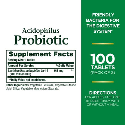 Nature's Bounty Probiotic Acidophilus, 100 Tablets, Pack of 2 (Packaging May Vary)