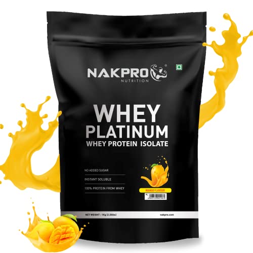 Nakpro Platinum 100% Whey Protein Isolate | 28.11g Protein, 6.42g BCAA | 1Kg Mango Flavour (30 Servings)