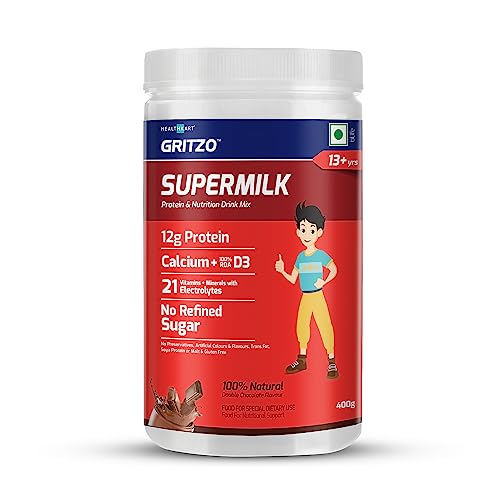 Gritzo SuperMilk 13+y (Teen Athletes), Health Drink for Kids, High Protein (12 g), with Calcium + D3, 21 Vit, Double Chocolate, 400g