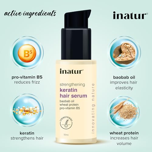 inatur Strengthening Keratin Hair Serum, Restores Shine, repairs Damaged Hair, Strengthens & Protects, Safe for Colour Treated Hair,50ml