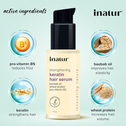 inatur Strengthening Keratin Hair Serum, Restores Shine, repairs Damaged Hair, Strengthens & Protects, Safe for Colour Treated Hair,50ml