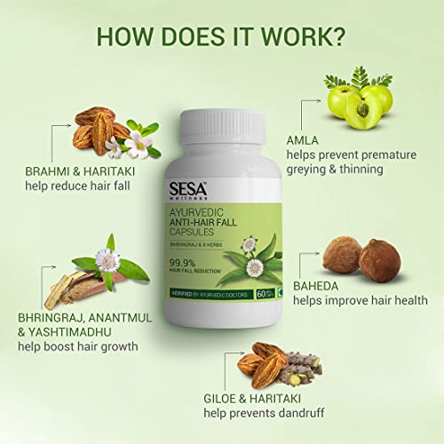 Sesa Ayurvedic Anti-Hair Fall Capsules - Hair Fall Control in 15 DAYS - Bhringraj & 8 Herbs - 100% VEG, 60 Caps