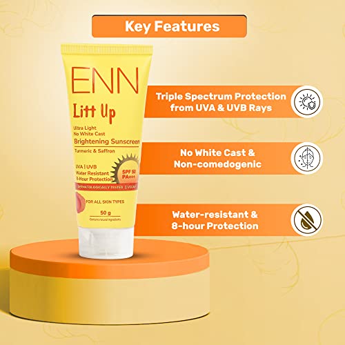 ENN Litt Up Ultra Light Brightening Sunscreen Spf 50, No White Cast, UVA & UVB Protection with Turmeric & Saffron for Glowing Skin, 50gm