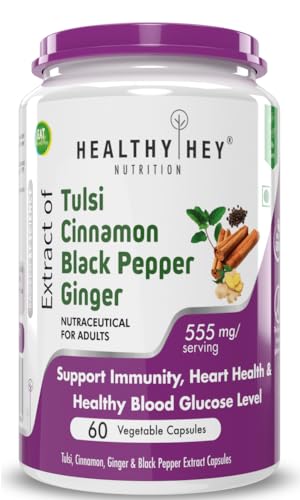 HealthyHey Nutrition Tulsi, Cinnamon, Black Pepper & Ginger Extract Formula for Immunity - 60 Veg Capsules