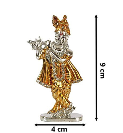 Relicon Lord Krishna Idol (Design-39) Silver Gold Metal Statue for Car Dashboard | Mandir Pooja (L*B*H-4 x 1 x 9 Cm)