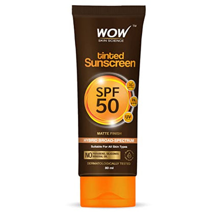 WOW Skin Science Tinted Sunscreen SPF 50 PA +++ Matte Finish for Broad Spectrum Protection | UVA & Uor Women & Men | Paraben and Silicone Free | 80 ml