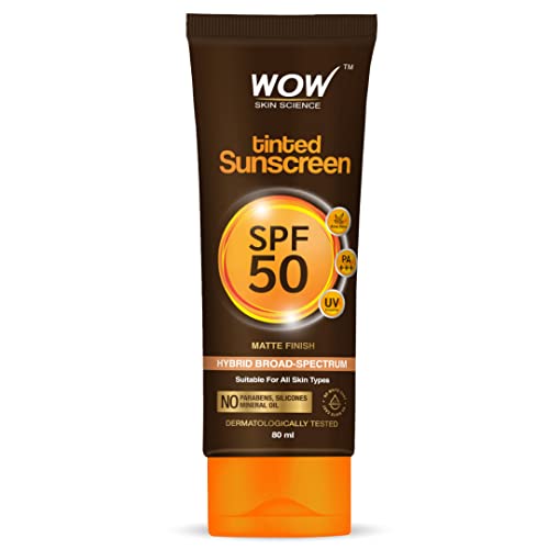 WOW Skin Science Tinted Sunscreen SPF 50 PA +++ Matte Finish for Broad Spectrum Protection | UVA & Uor Women & Men | Paraben and Silicone Free | 80 ml