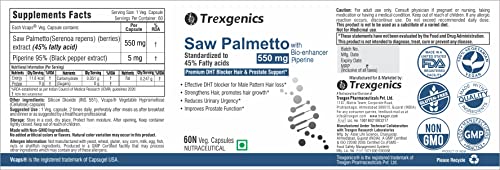 Trexgenics Saw Palmetto Advanced - High Strength 45% Complex 550 mg with Bio-enhancer Piperine - Hair DHT Blocker & Prostate Support (60 Veg Capsules)