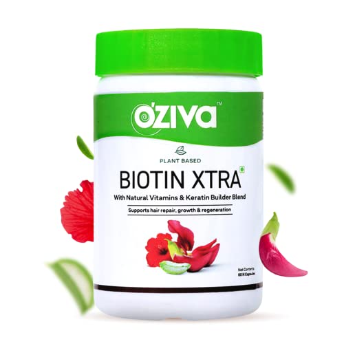 OZiva Plant Based Biotin Xtra for Hair Repair, Regeneration & Growth | Biotin 7000 mcg+ with Keratinbania Agati & Aloe Vera (Pack of 1, (60 Capsules))