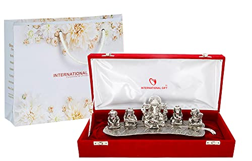 Silver Plated Musical Ganesh God Idol Statue Oxidized Finish with Velvet Box (8H x 28W x 6L Centimeters)