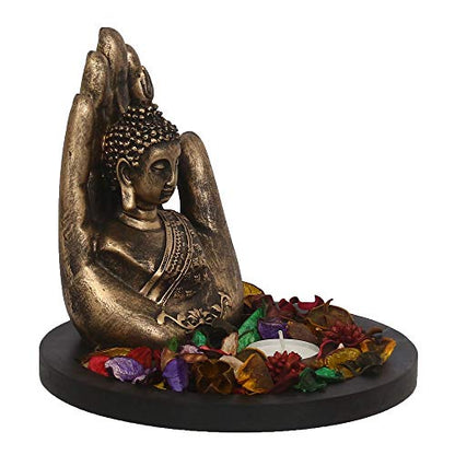 eCraftIndia Copper Finish Handcrafted Palm Buddha Decorative Showpiece with Wooden Base, Fragranced Petals and Tealight