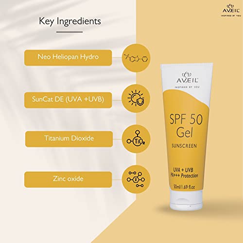 AVEIL SPF 50 Gel Sunscreen - 50ml | Dermatologically Tested For All Skin Types | Non-Greasy Non-Absoays | Rejuvenates & Repairs Skin From Photo-Ageing