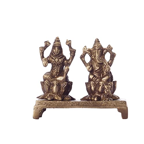 eCraftIndia Antique Finish Brass Laxmi Ganesha on Lotus Base (3.8 cm x 8.9 cm x 8.9 cm, Brown)