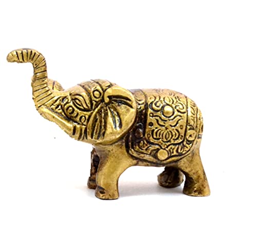 Two Moustaches Handcrafted Brass Elephant Showpiece (Pack of 1), Antique Yellow, Standard