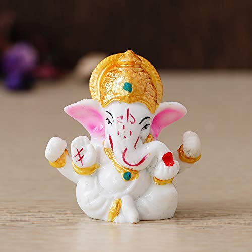 White Polyresin Lord Ganesha Idol with Golden Mukut Religious Showpiece for Home Decor, Pooja Room, Temple