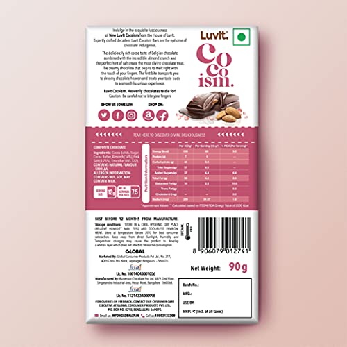 LuvIt Cocoism Belgian Dark Chocolates | 55% Dark Cocoa with Whole Almond & Pink Salt | Vegan | Gluten Free | 90 gm