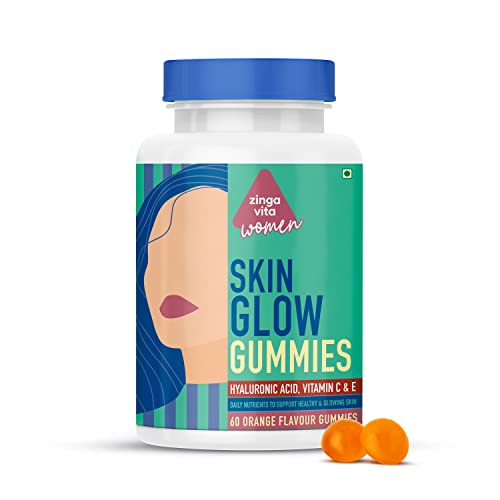 Zingavita Skin Glow Gummies For Women | With Hyaluronic Acid, Vit C, E & A for Glowing Skin | 60 Veg Gummies | Orange Flavour