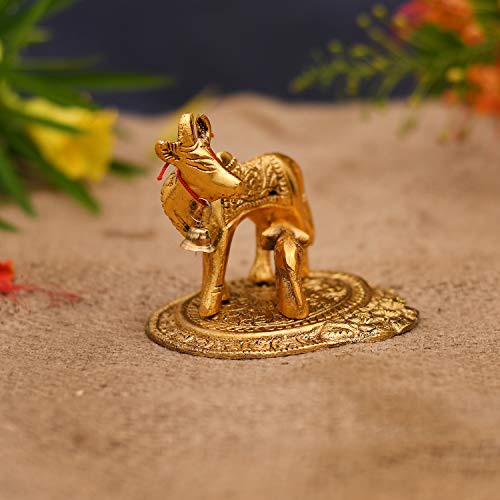 Collectible India Kamdhenu Cow with Calf Metal Statue Figurine (Set of 1), Golden