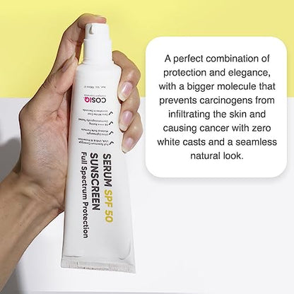 Cos-IQ Sunscreen Serum SPF 50 PA++++ | Broad Spectrum UVA, UVB & IR Protection | No White Cast | Ult-Greasy, Quick Absorbing | For Women & Men | 100ml