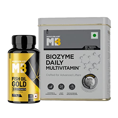 MuscleBlaze Biozyme Daily Multivitamin, 90 Tablets, with US Patent Filed EAF® & Omega 3 Fish Oil Golrmula (560mg EPA & 400mg DHA), 60 Omega 3 Capsules