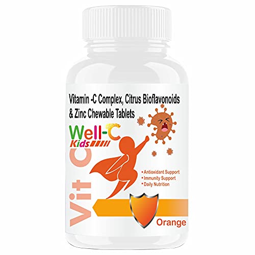 Well-C Vitamin C Tablets Immunity Booster For Kids and Zinc Supplements For Growth Strength Strong Bones Sugar Free Orange Flavor Chewable Tablets -60