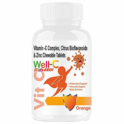 Well-C Vitamin C Tablets Immunity Booster For Kids and Zinc Supplements For Growth Strength Strong Bones Sugar Free Orange Flavor Chewable Tablets -60