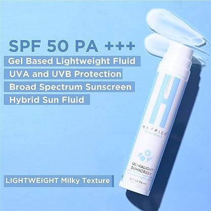 Happier Ultralight Sunscreen Gel SPF 50 PA+++ | Sunscreen Gel For Men & Women | Lightweight, Non-Gre-Comedogenic Sunscreen Broad Spectrum PA+++ – 50ml