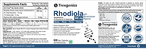 Trexgenics Rhodiola Rosea Standardized 500mg Premium Adaptogen Complex with Piperine (60 Veg.Capsules) (1)