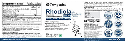 Trexgenics Rhodiola Rosea Standardized 500mg Premium Adaptogen Complex with Piperine (60 Veg.Capsules) (1)