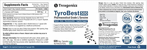 Trexgenics TyroBest-500 L-Tyrosine Thyroid, Stress, Neurotransmitter & Brain Function Support (2x 60 Veg Caps)