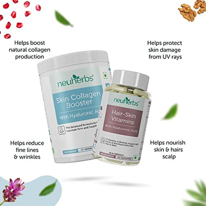 Neuherbs Plant Based Skin Collagen Booster- 210 G and Hair-Skin Vitamins with Biotin- 60 Capsules - Combo Pack of Men's and Women's