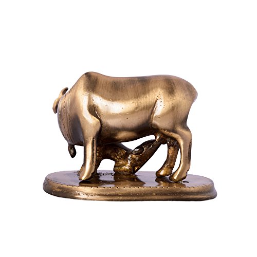 eCraftIndia Kamdhenu Cow and Calf Sculpture Brass Showpiece (8 cm x 4 cm x 5, Brown)