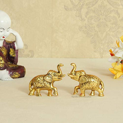 Handicrafts Paradise Carved Aluminium Metal Elephant Showpiece (7.65 cm x 2.55 cm x 6.3 cm, Set of 2)