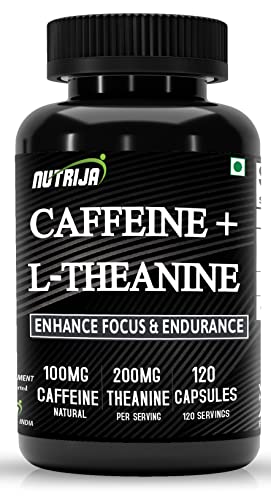 NutriJa Natural Caffeine 100MG Plus L-Theanine 200MG | Promotes Energy, Alertness,Concentration & inormance stack- no crash or jitters. (120 Capsules)