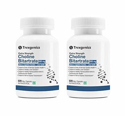 Trexgenics CHOLINE BITARTRATE 650 mg Cognitive Function, Fat Metabolism, Brain & Nervous System Healort VEGAN & NON-GMO (60 Veg. Capsules) (Pack of 2)