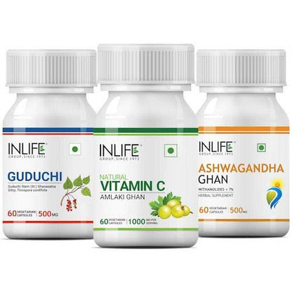 INLIFE Natural Immunity Boosters for Adults Combo Pack, Amla, Guduchi Giloy, Ashwagandha Ayurvedic Ayush Supplement - (60 x 3) Veg Caps