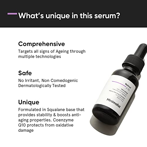 Minimalist 0.3% Retinol Face Serum For Anti Aging For Beginners | Night Face Serum With Retinol & Q10 To Reduce Lines & Wrinkles | 30 ml