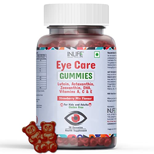 INLIFE Eye Care Supplement | Lutein and Zeaxanthin Gummies with Omega 3 Algal DHA, Astaxanthin, Vit A, C & E, 30 Count