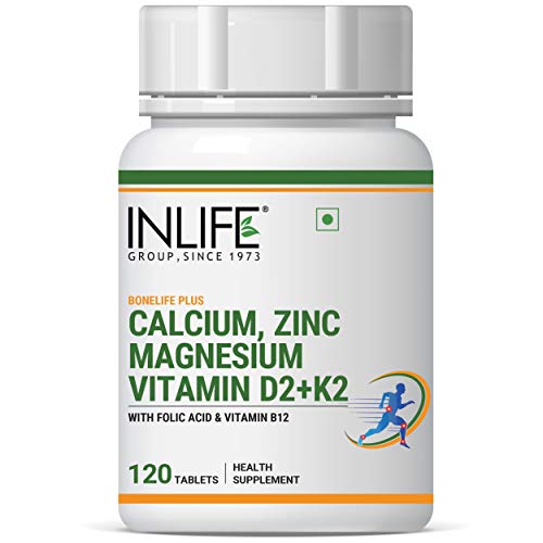 INLIFE Calcium Magnesium Zinc Vitamin D K2 Folic Acid & B12, Bone & Joint Calcium Supplement for Women Men - 120 Tabs